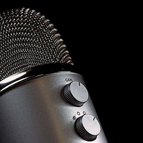 The image shows a close-up of a silver microphone with two adjustment knobs labeled "Gain" and "Pattern," set against a black background.